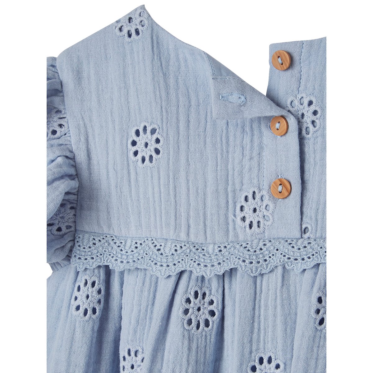Robe cérémonie brodée fleurs en gaze de coton bleu pâle, VERTBAUDET