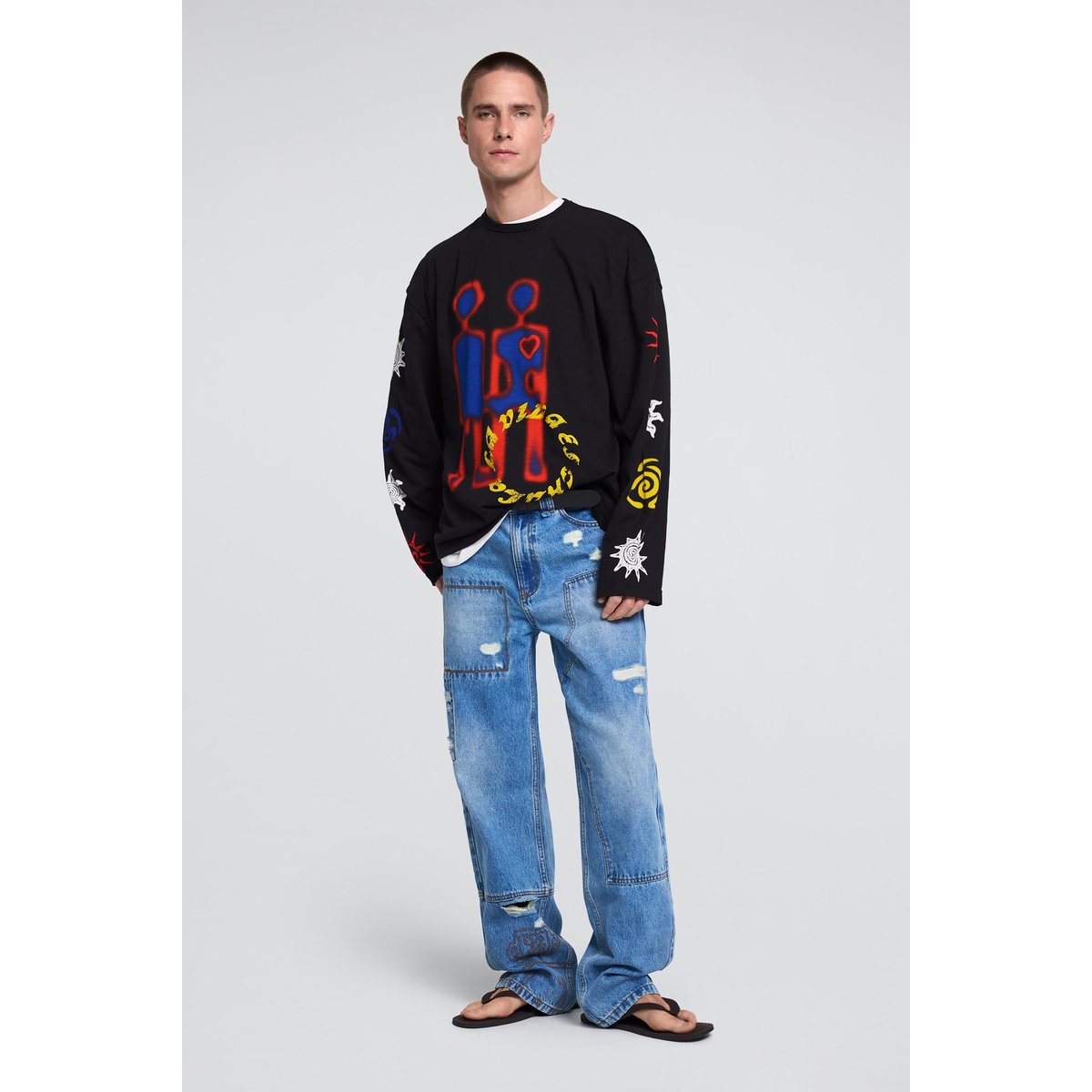 T-shirt à manches longues imprimé noir, DESIGUAL