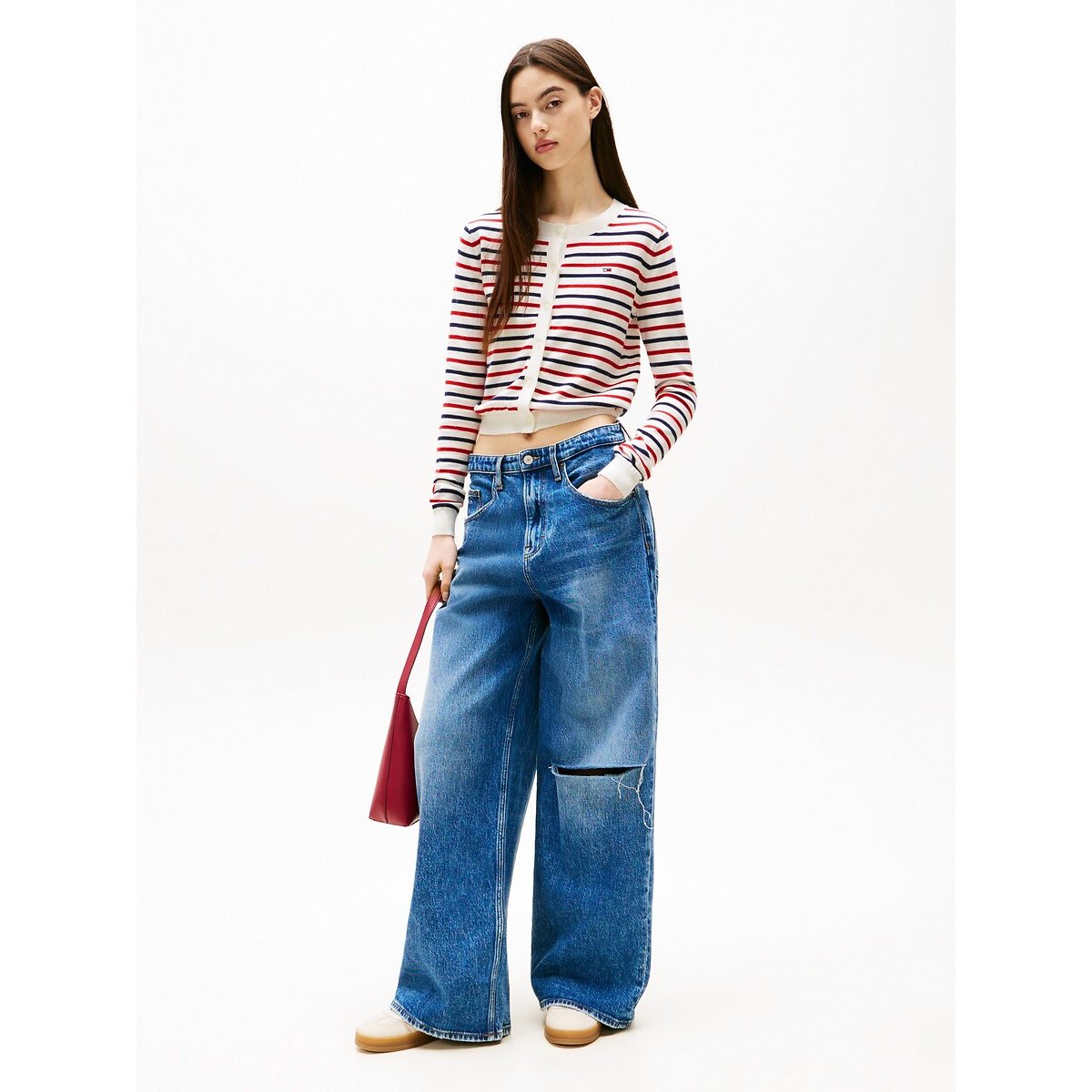 Buttoned Crew Neck Cardigan navy/red striped, TOMMY JEANS