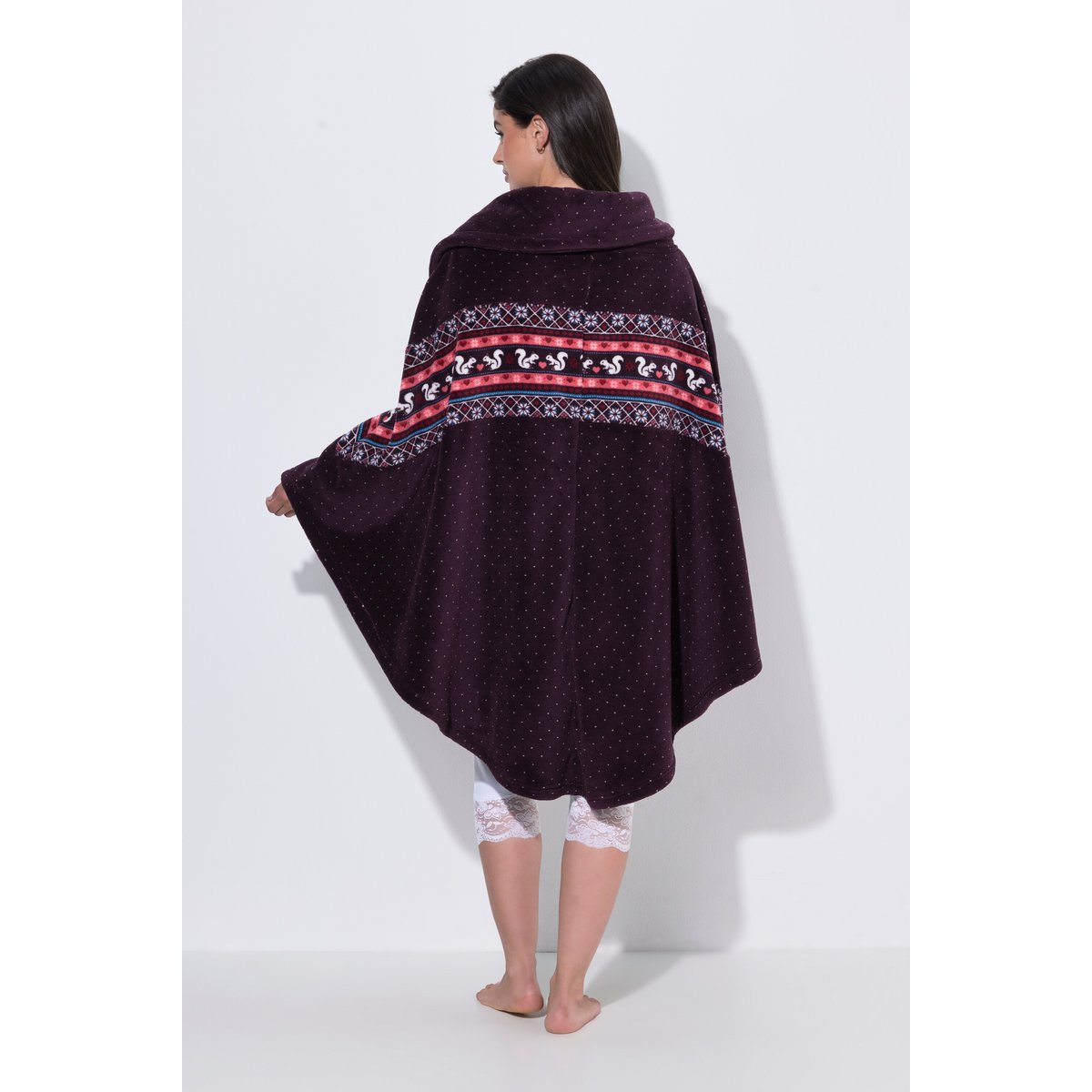 Poncho en peluche avec col, motif norvégien prune foncé, ULLA POPKEN