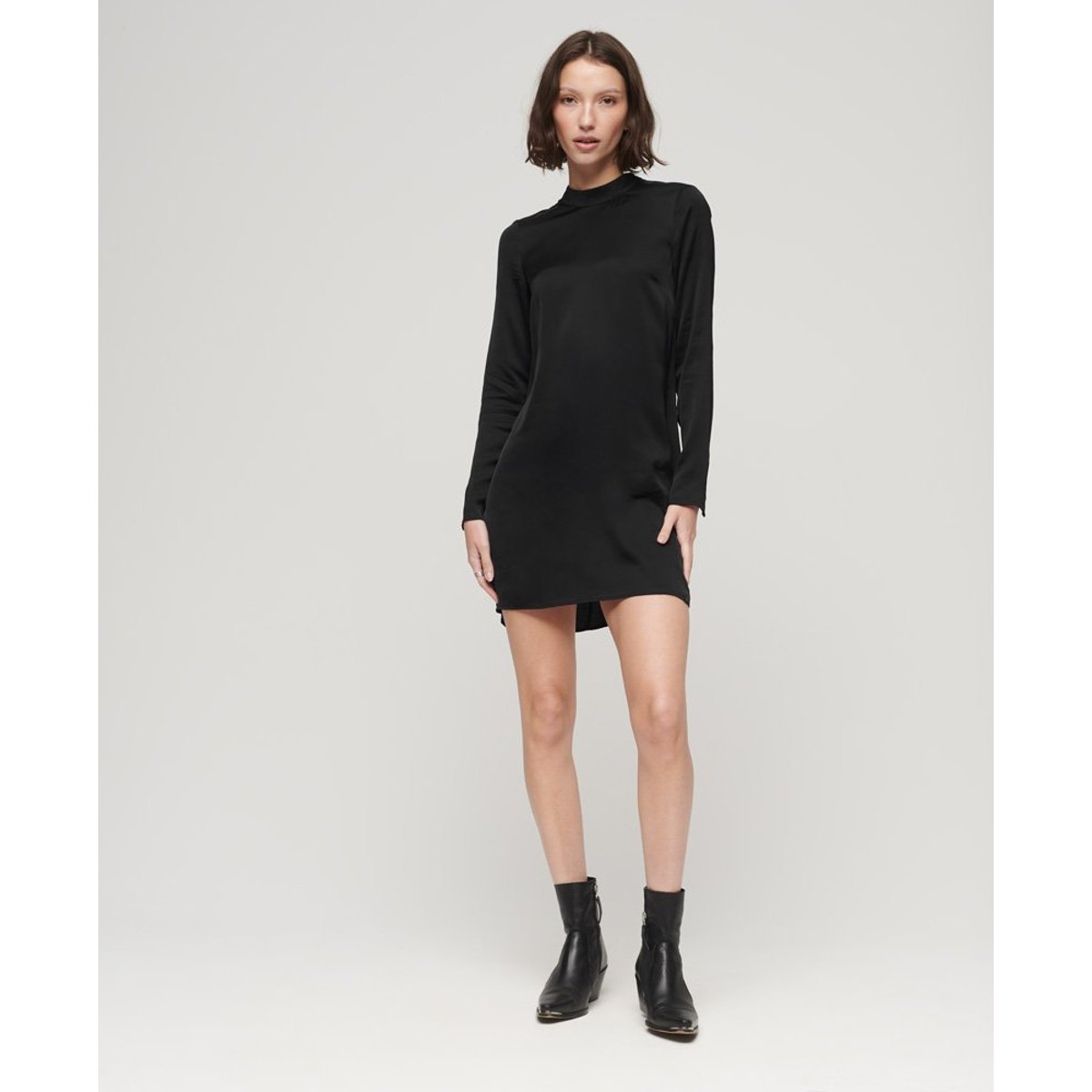 Robe courte en satin à col montant noir, SUPERDRY