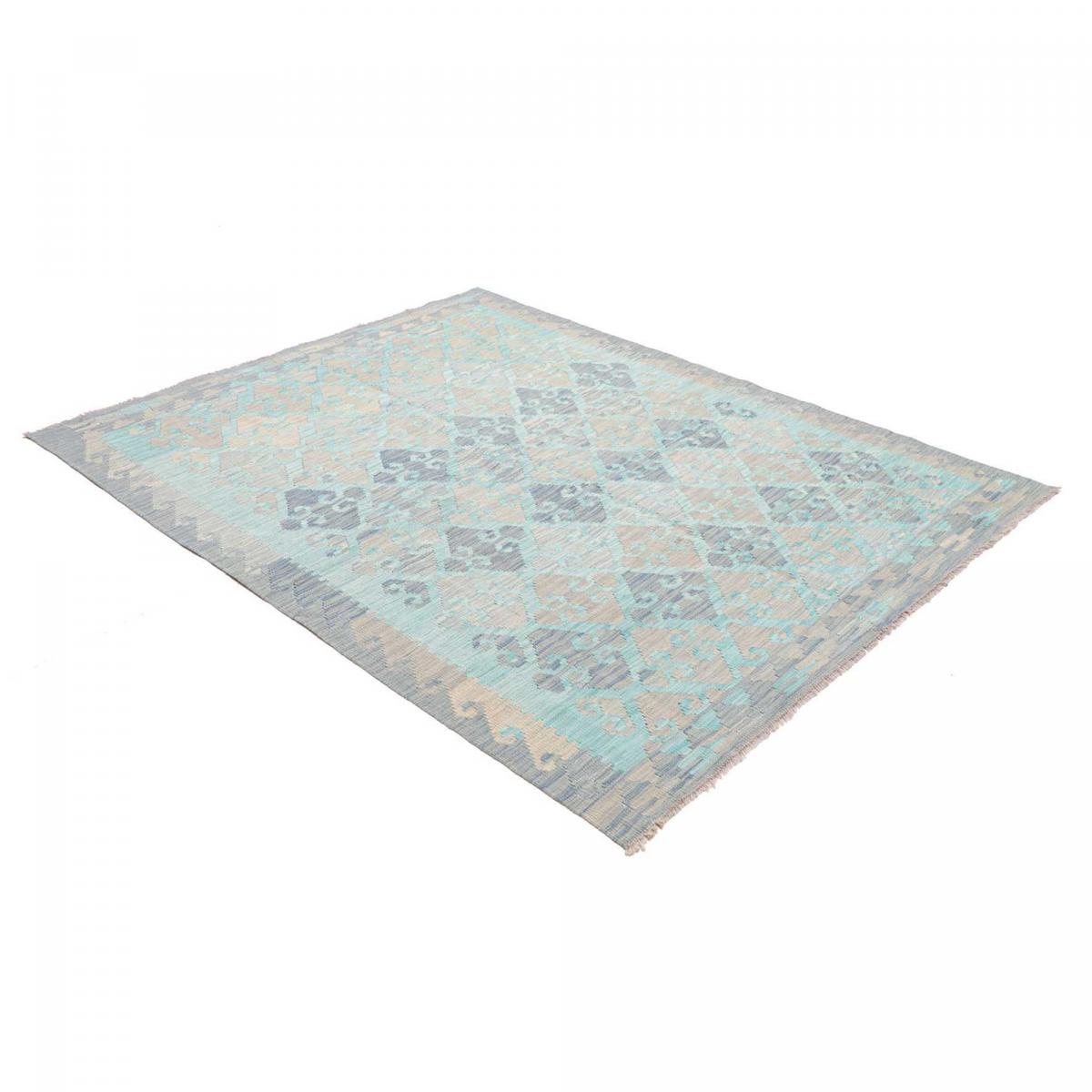 Tapis kilim géométrique, tissé plat en laine naturelle, KILIM 79 bleu, beige, gris, UN AMOUR DE TAPIS