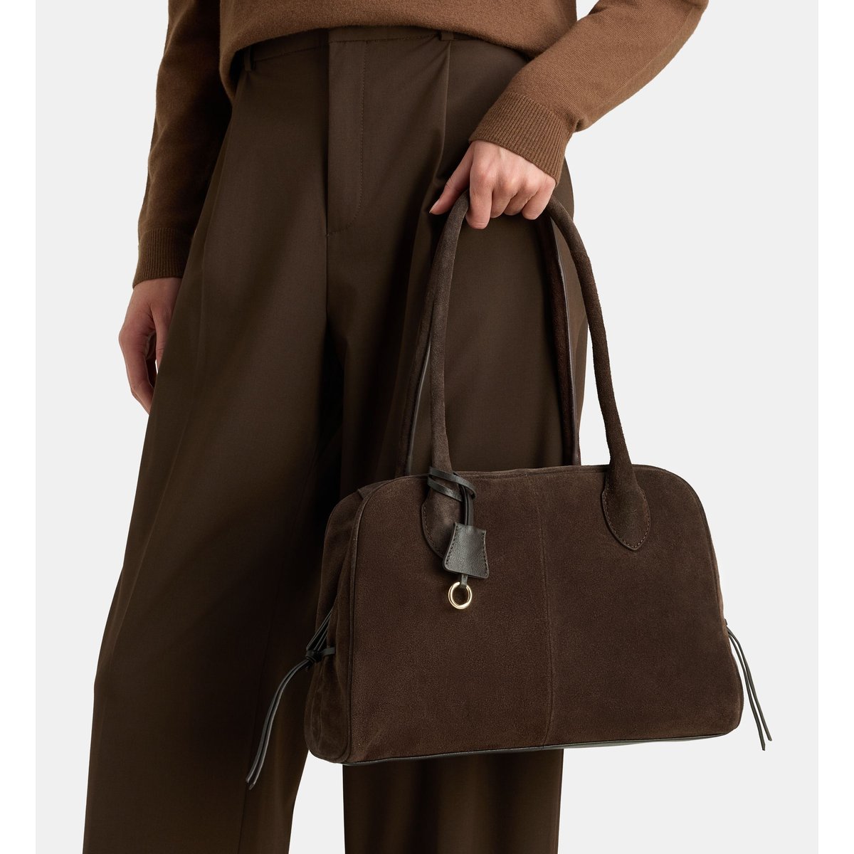 Sac à main frida grandes anses cuir suédé marron chocolat, GALERIES LAFAYETTE