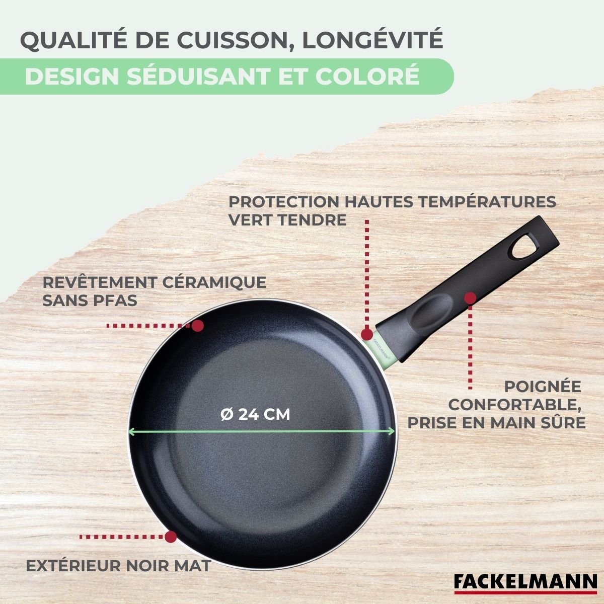 Set poêle antiadhésive céramique 24 cm et 6 ustensiles BRANDAO noir|vert, FACKELMANN