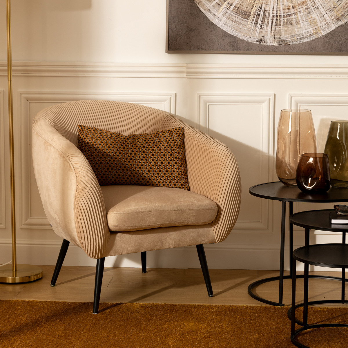 Fauteuil en velours plissé SOLARO beige, ATMOSPHERA