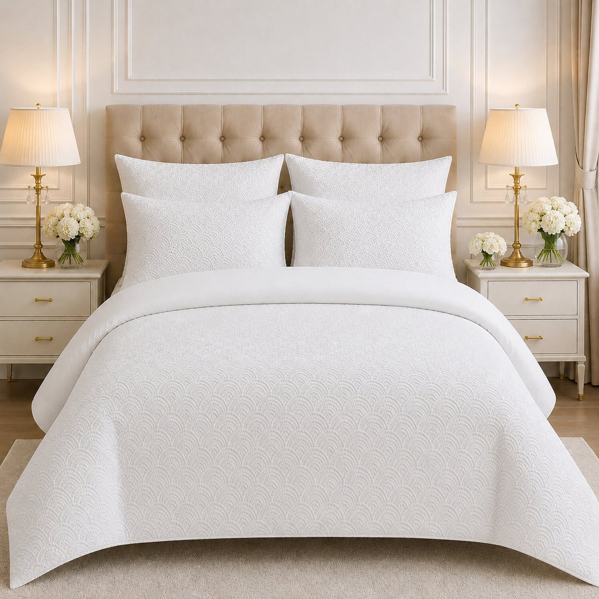 Parure de lit microfibre jacquard effet éventails blanc, TILA blanc, C DESIGN HOME TEXTILE