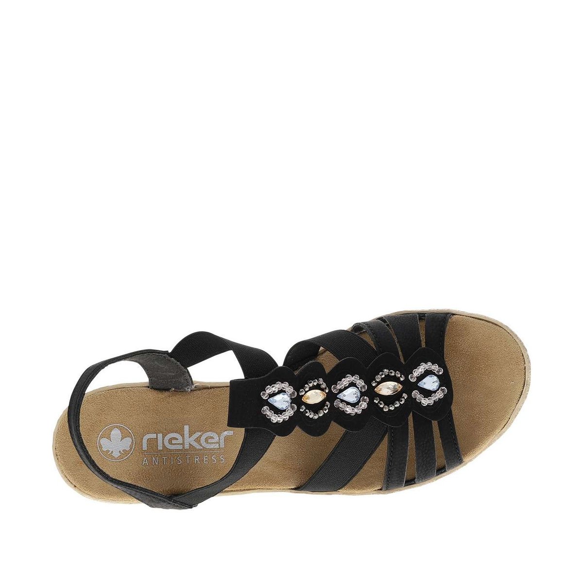 Nu-pieds noirs à semelle compensée et une fermeture à soufflets élastiqués noir, RIEKER