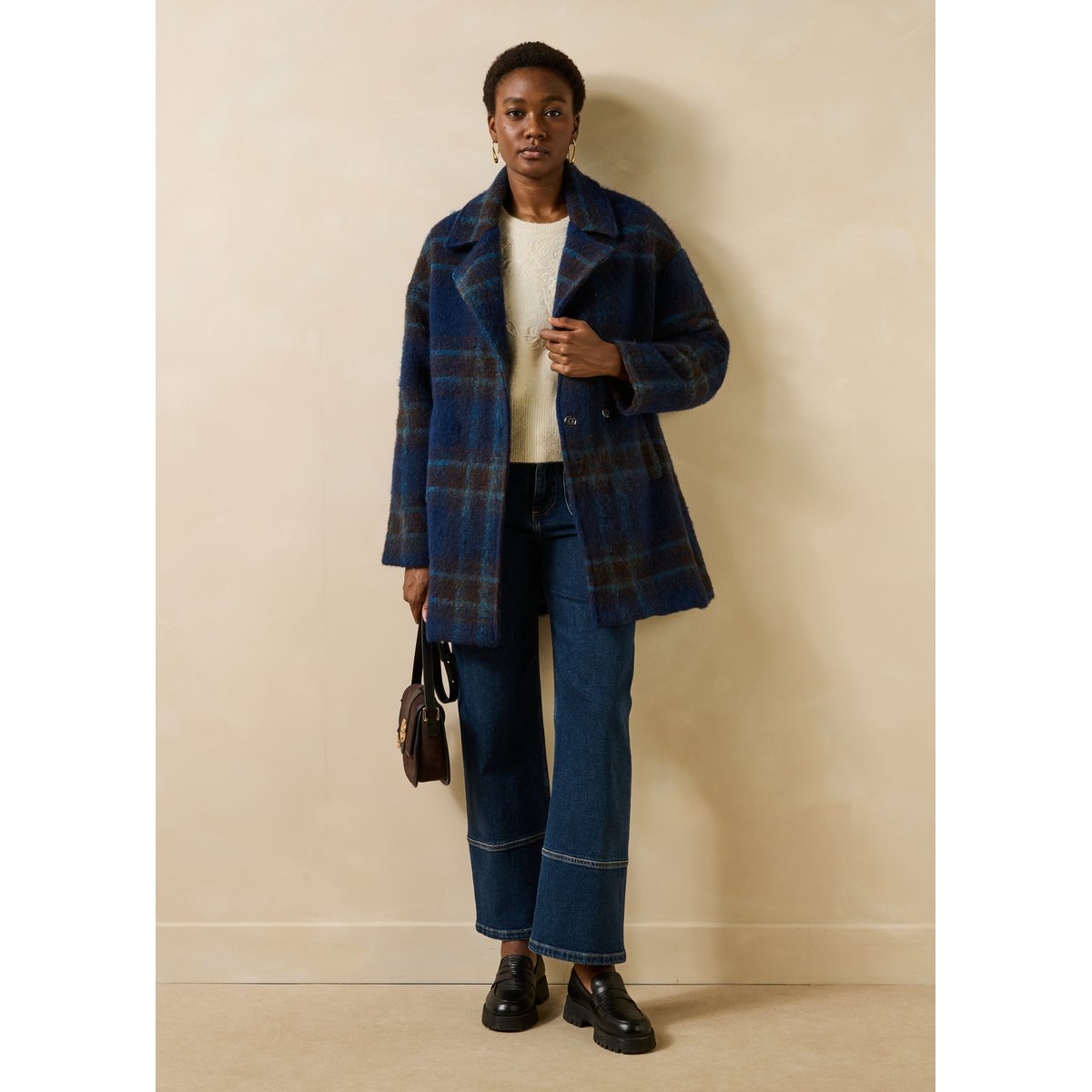 Manteau 3/4 à carreaux en lainage bleu, LA FEE MARABOUTEE