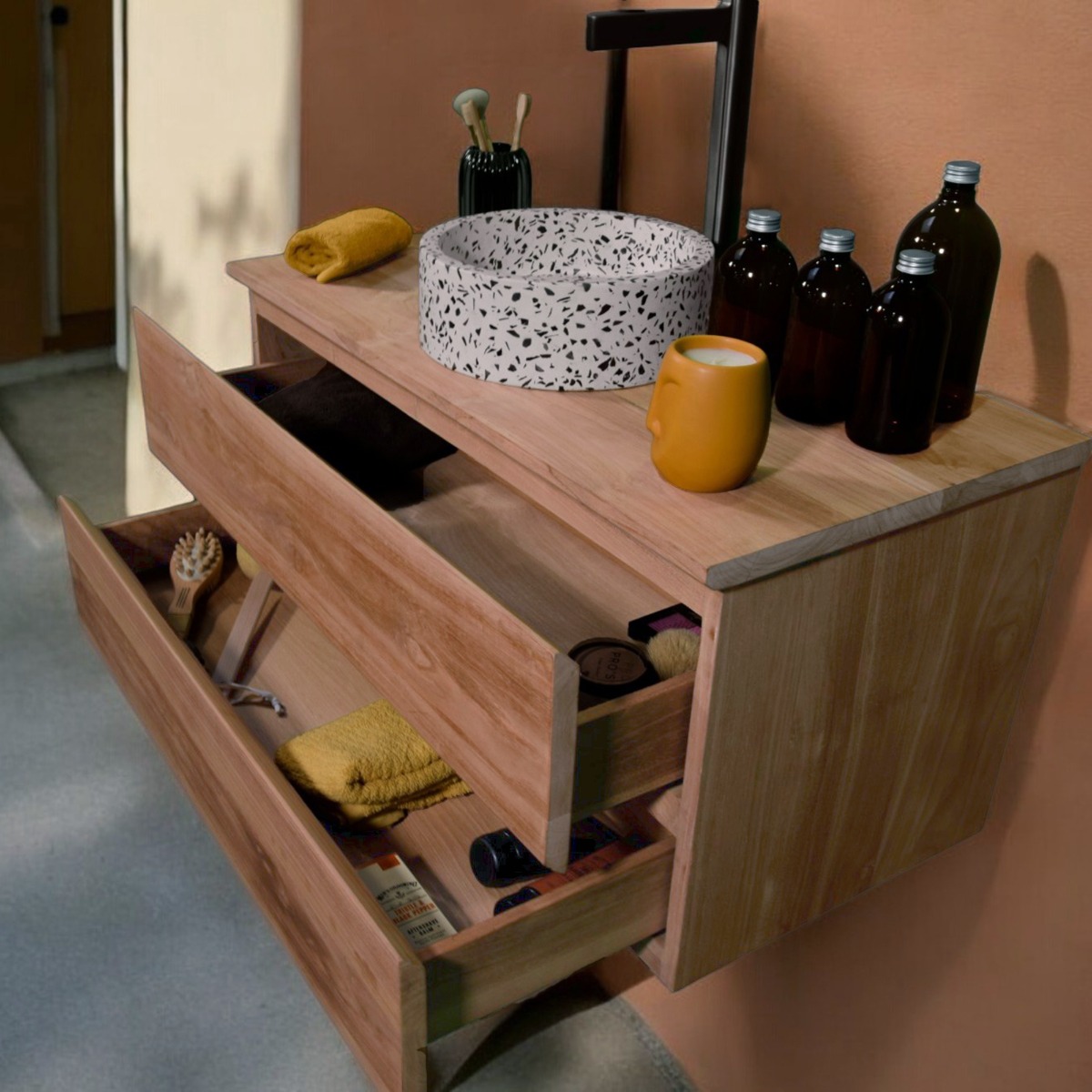 Meuble suspendu 2 tiroirs en teck massif 90 cm - KHARART naturel, WILDWATER