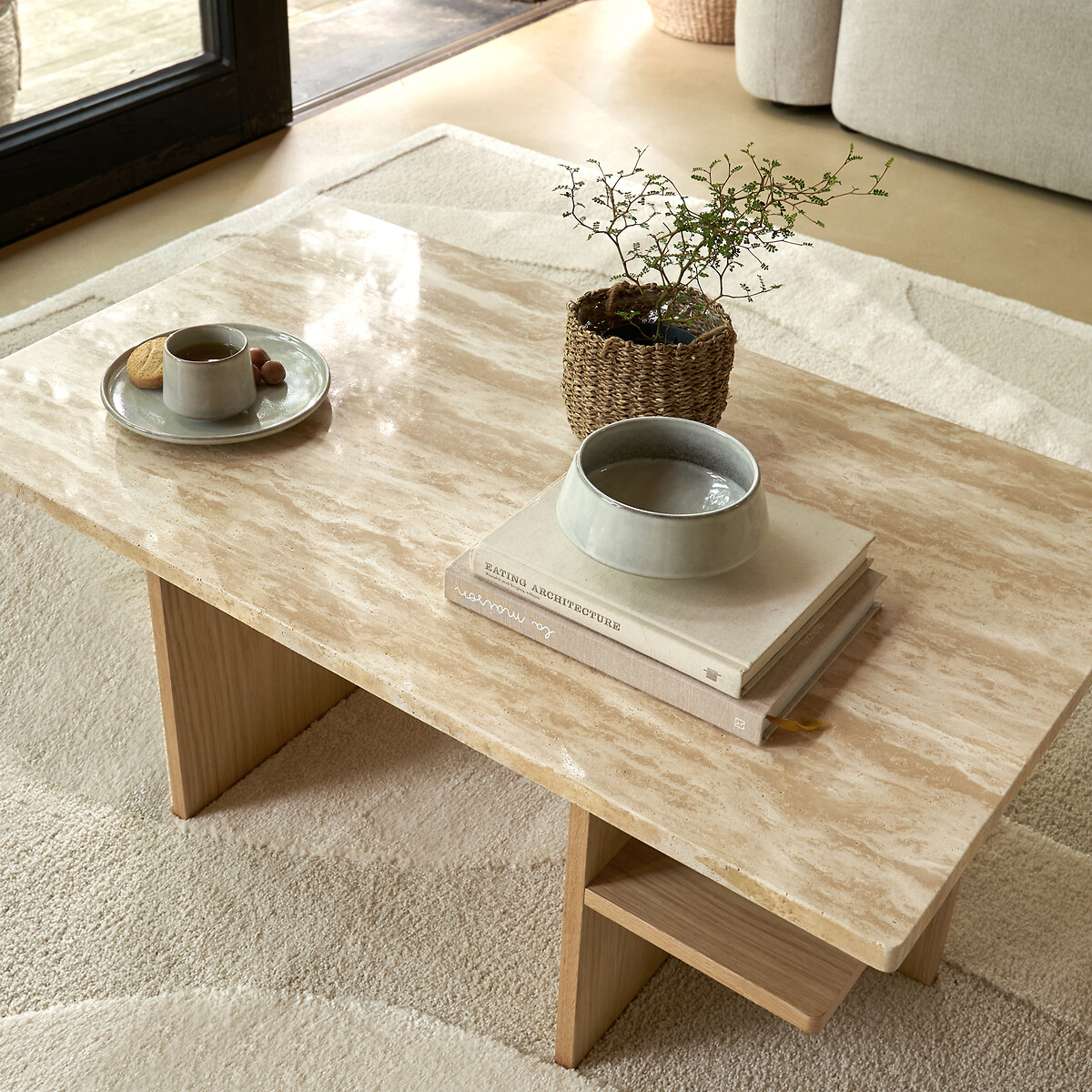 Table basse, en travertin, longueur 100 cm, CALISTE chêne/travertin, LA REDOUTE INTERIEURS