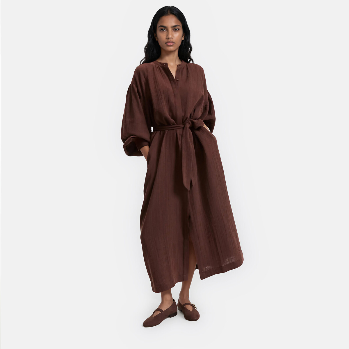 Belted Long Sleeve Maxi Dress dark brown, LA REDOUTE COLLECTIONS