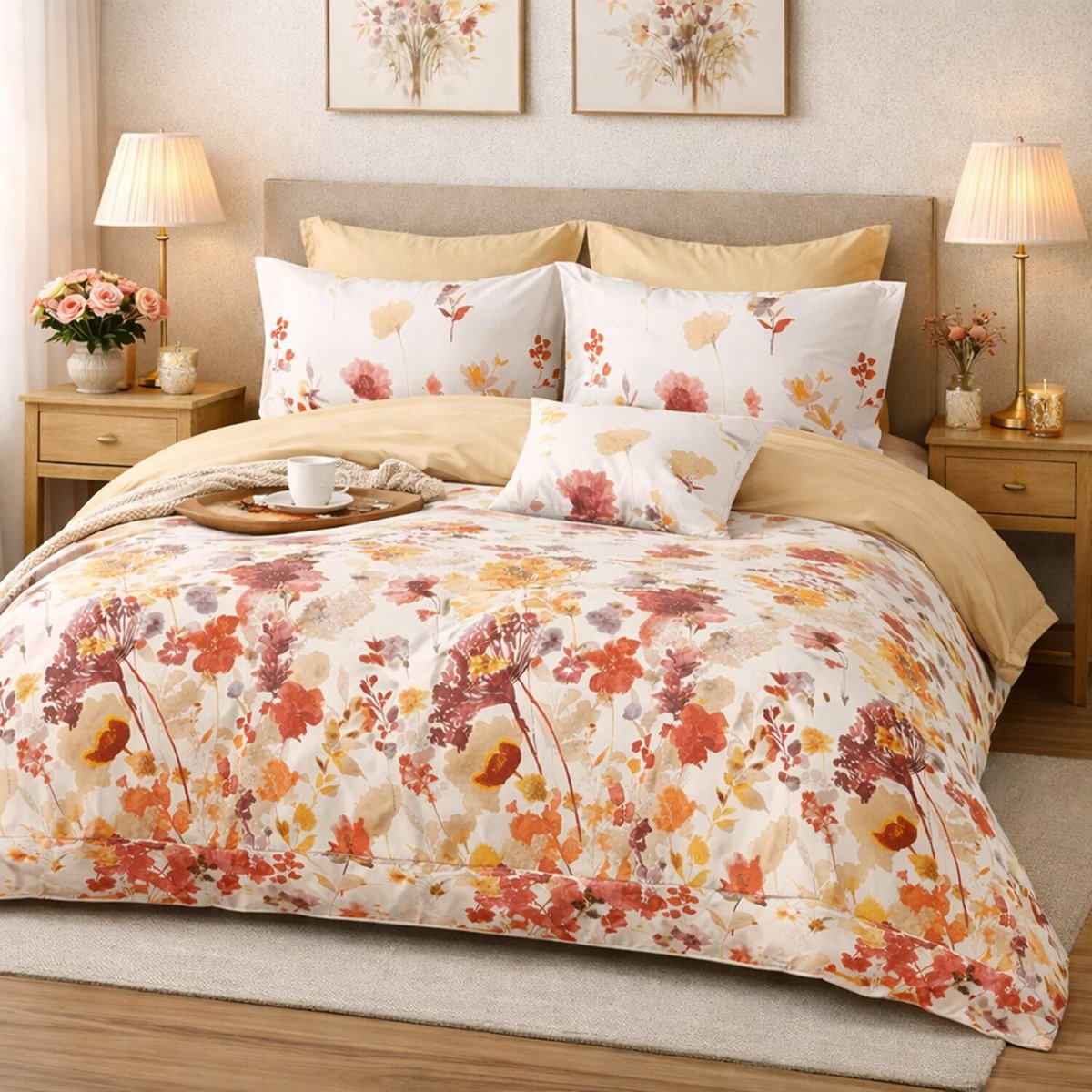 Parure de lit en percale de coton imprimé floral aquarelle, Héliane multicolore, C DESIGN HOME TEXTILE