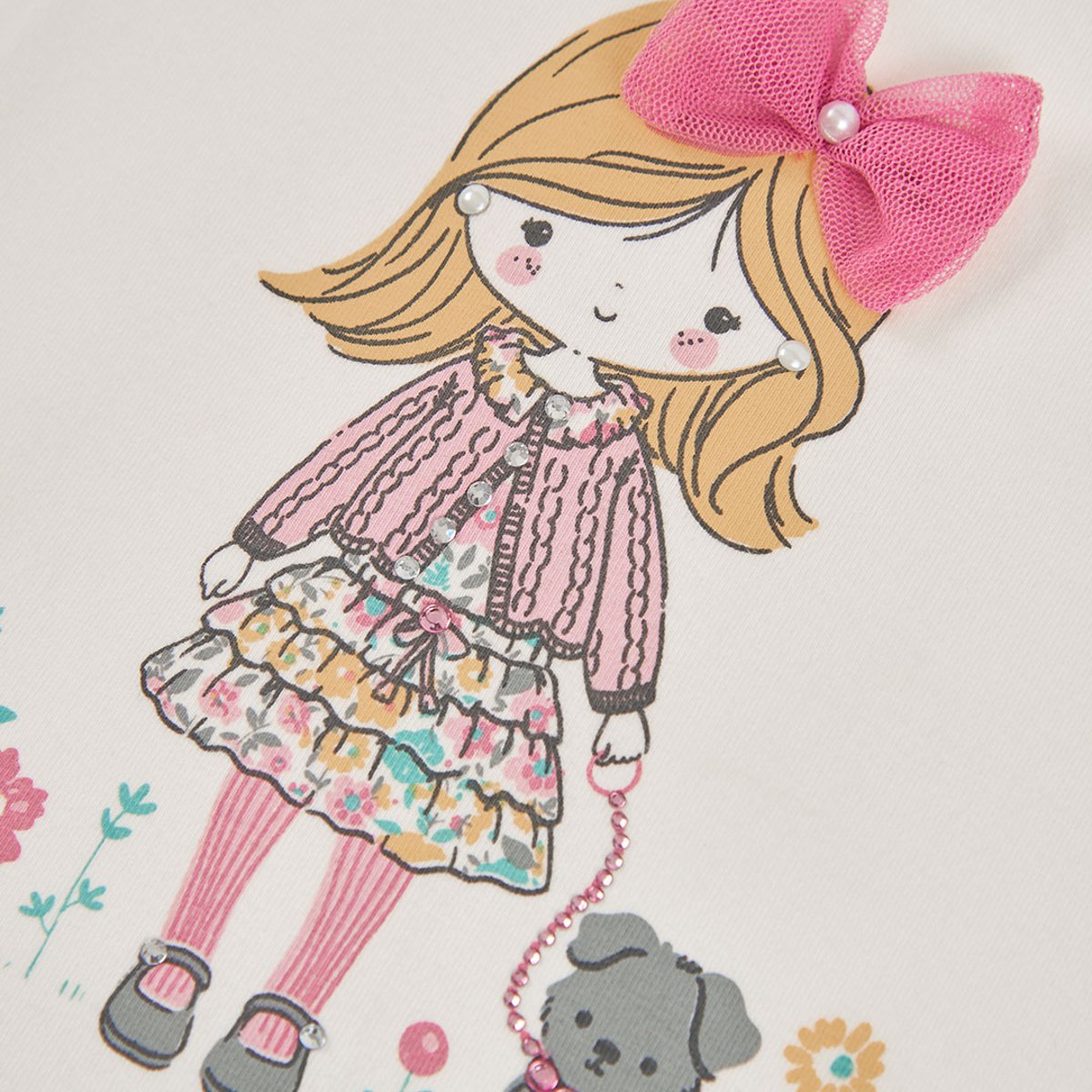 T-shirt en maille fille imprimé poupée avec tulle blanc, BOBOLI