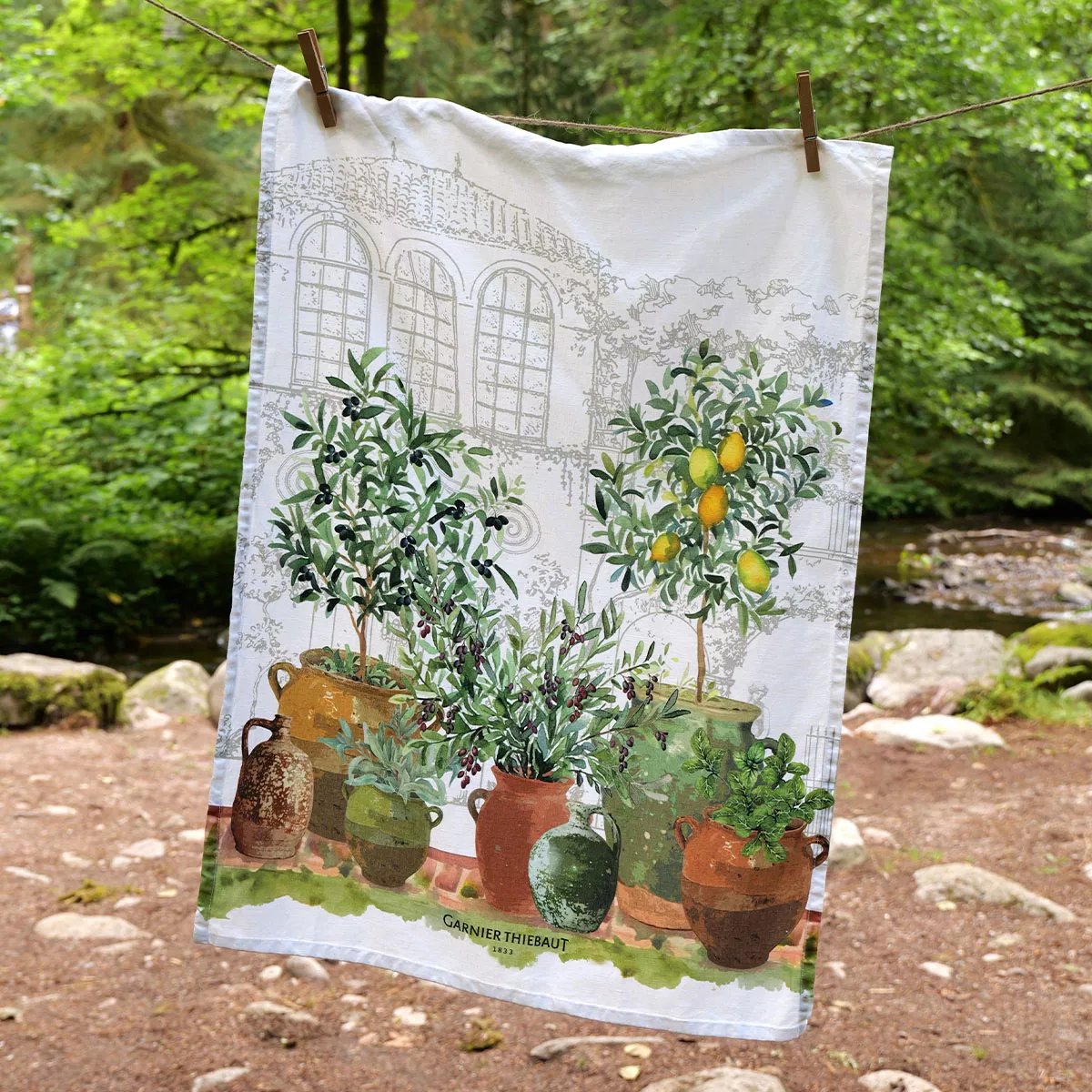 Torchon lin & coton lavé JARDIN PROVENCAL olive, GARNIER THIEBAUT