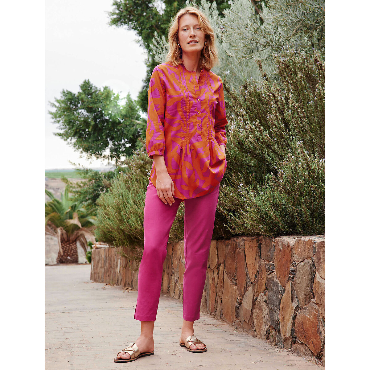 Straight Ankle Grazer Trousers in Linen/Cotton red orange, ANNE WEYBURN