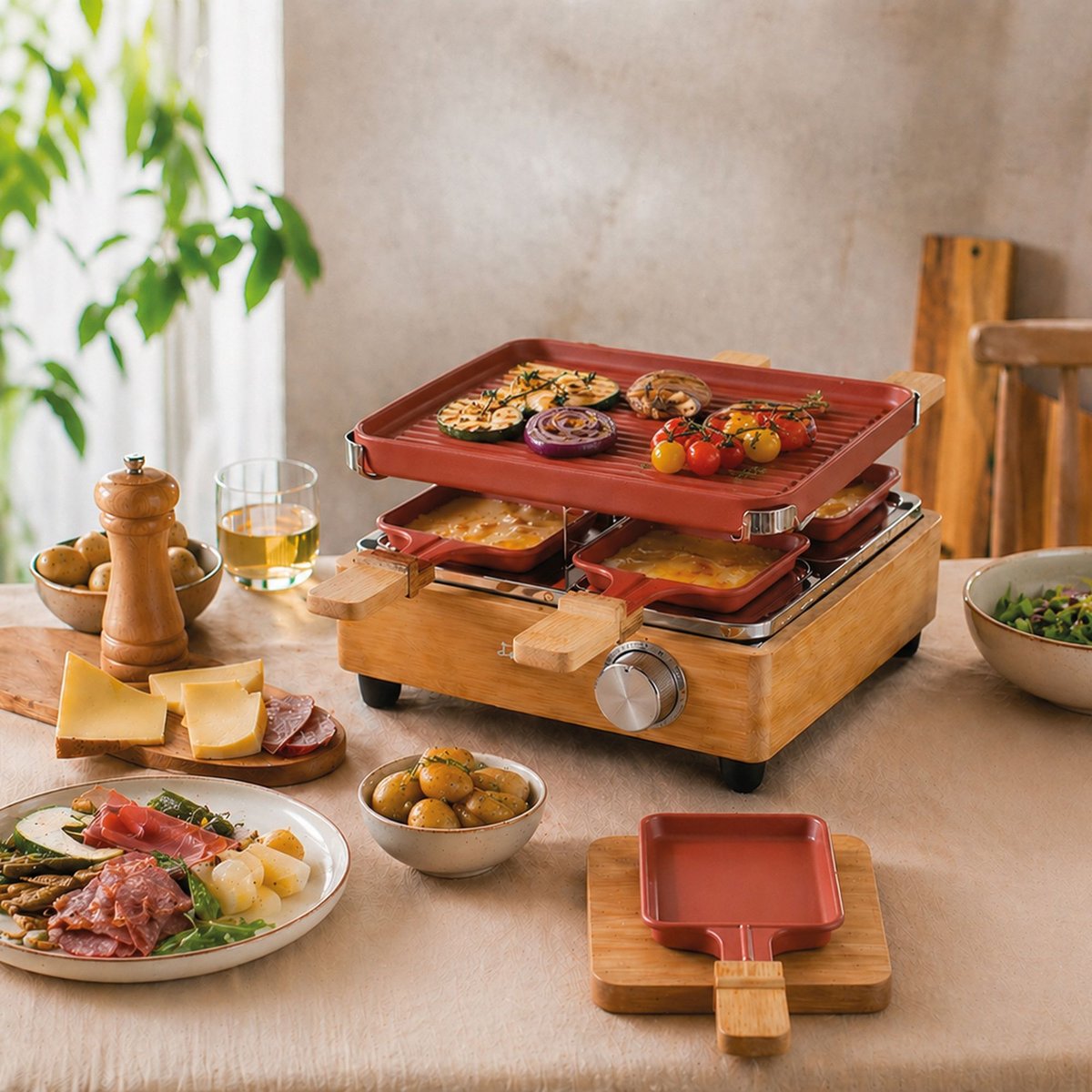 Appareil à raclette 4 personnes naturel-noir-terracotta, MENASTYL