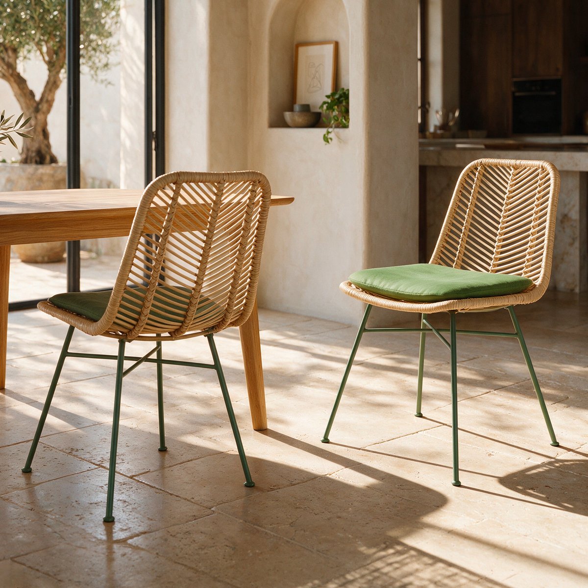 Chaises en rotin et tissu - TAMARA vert olive, MAISON PAVANE