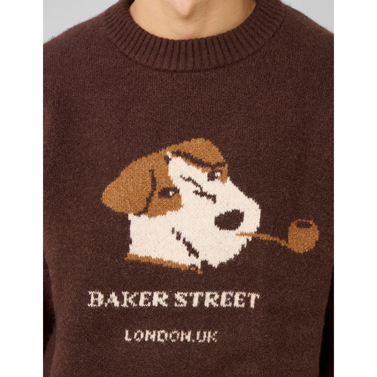 Pull col rond jacquard marron foncée, BZB