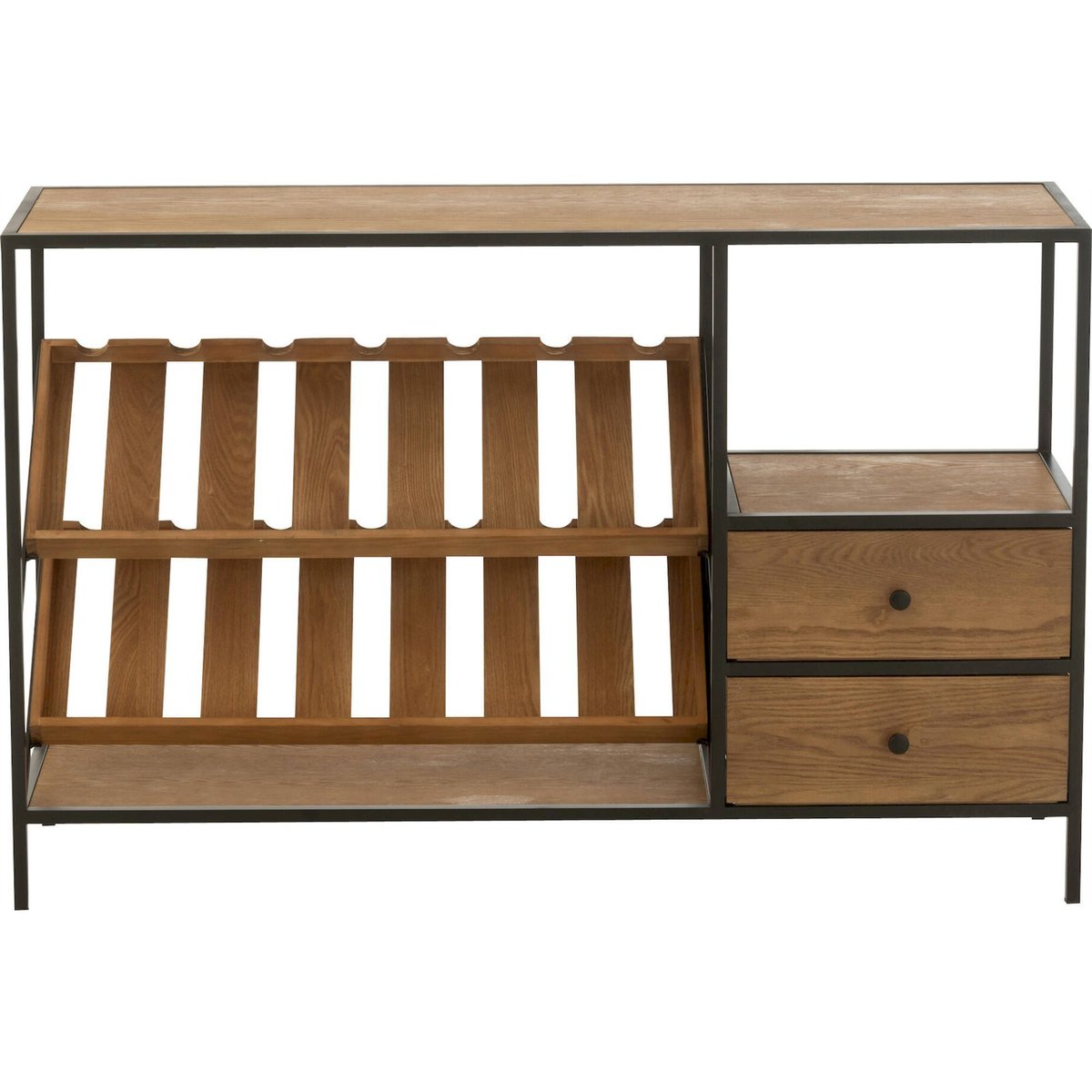 Meuble bar rectangulaire en bois avec rangement bouteilles bois naturel et métal noir, RECOLLECTION