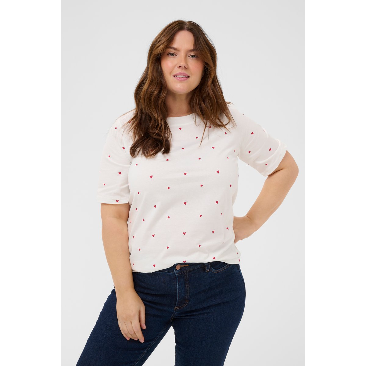 T-shirt à manches courtes blanc chalk w. red hearts, KAFFE CURVE