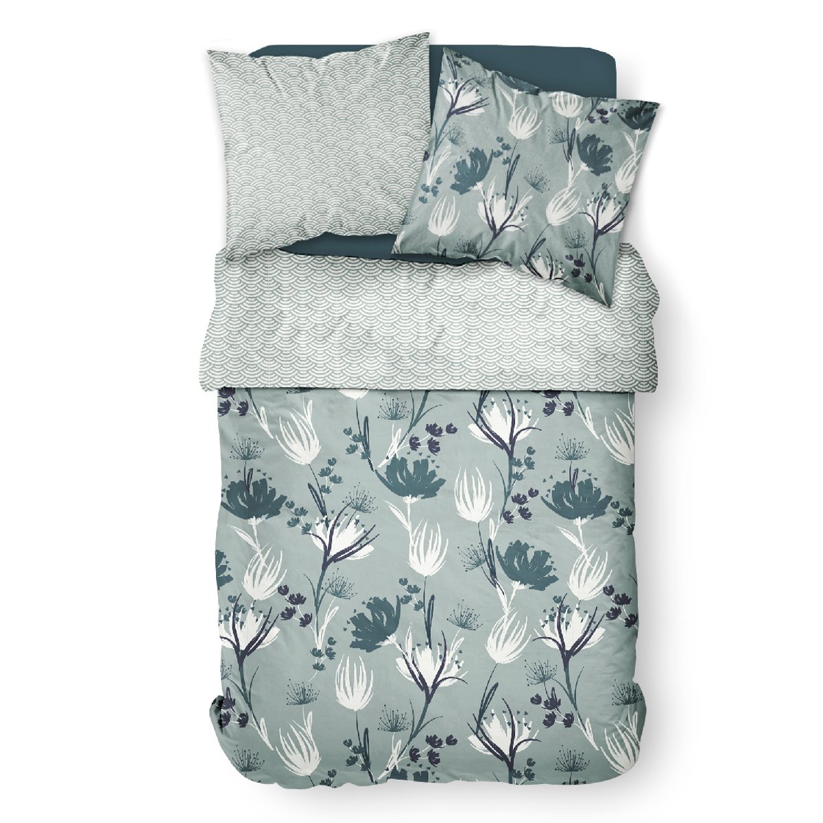 Parure de lit 2 personnes imprimé floral coton SUNSHINE ILA vert, TODAY