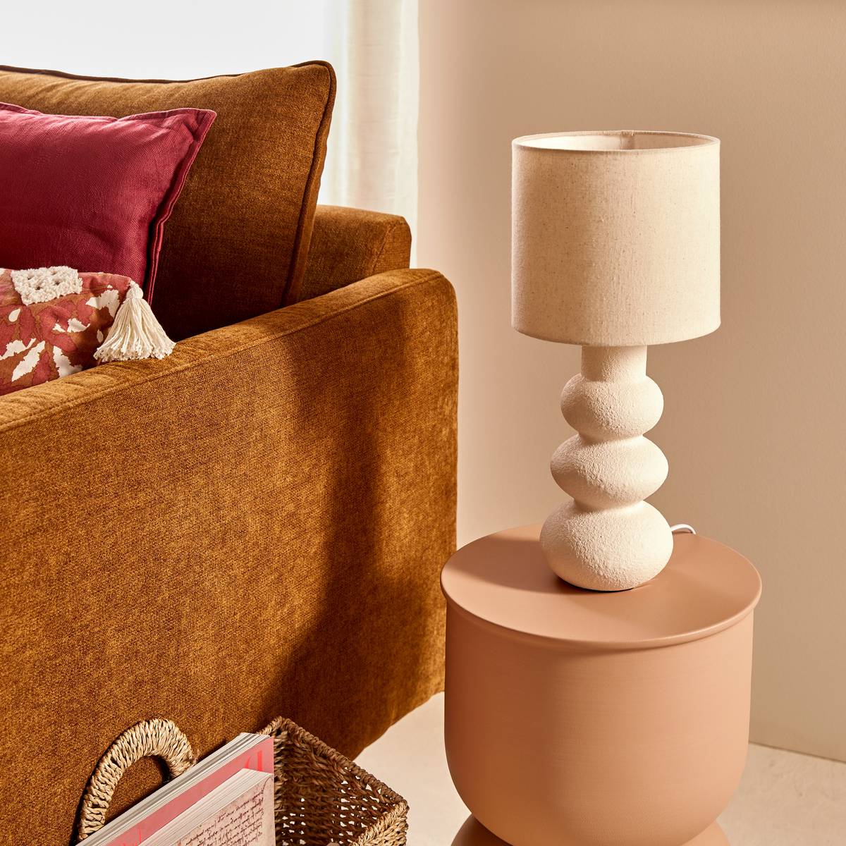 Lampe à poser grès galets abat-jour tissu ALITHA beige, ATMOSPHERA