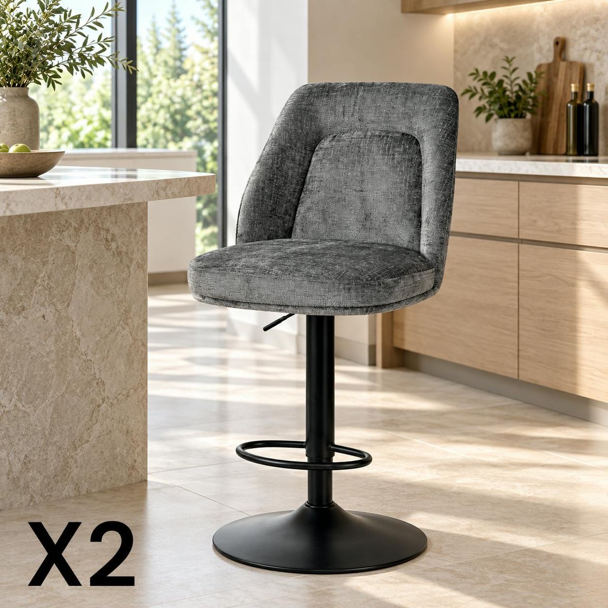 Chaise de bar pivotante et réglable (lot de 2) IENA gris, PIER IMPORT