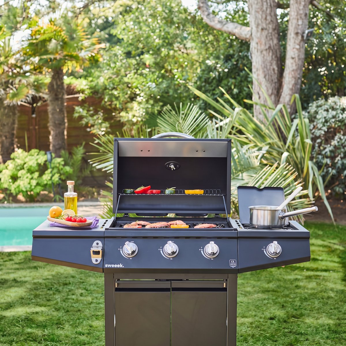 Barbecue gaz 3 brûleurs + 1 feu latéral avec roues, tablettes et thermomètre TREVILLE 3 noir, SWEEEK