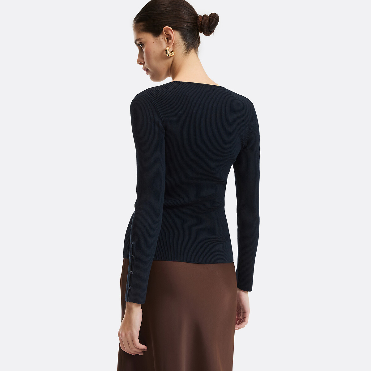 Pull col rond, manches longues, en fine maille côtelée bleu marine, LA REDOUTE COLLECTIONS