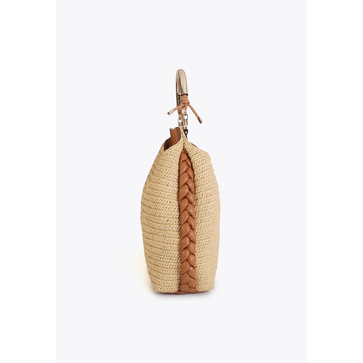 Sac à main effet raphia à poignée rigide siglée et motif tressé beige, LOLA CASADEMUNT