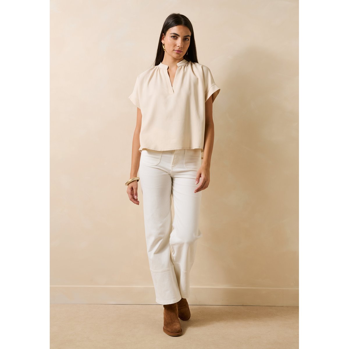 Top manches courtes encolure tunisienne ecru, LA FEE MARABOUTEE