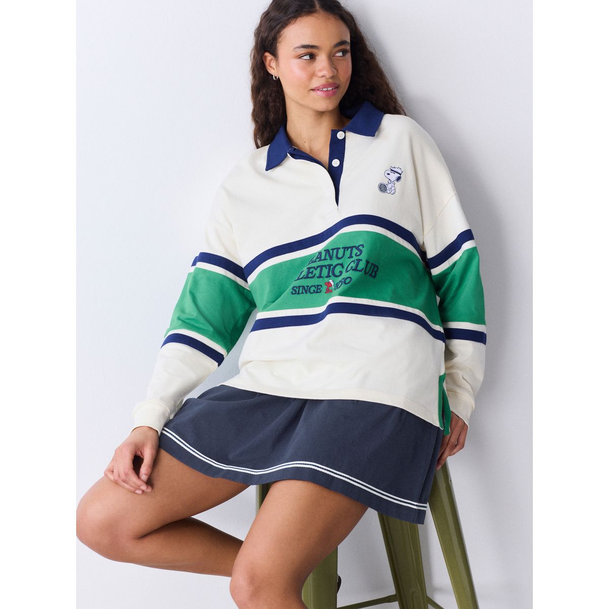 Chemise de rugby rayée snoopy sous licence crème écru, NEXT