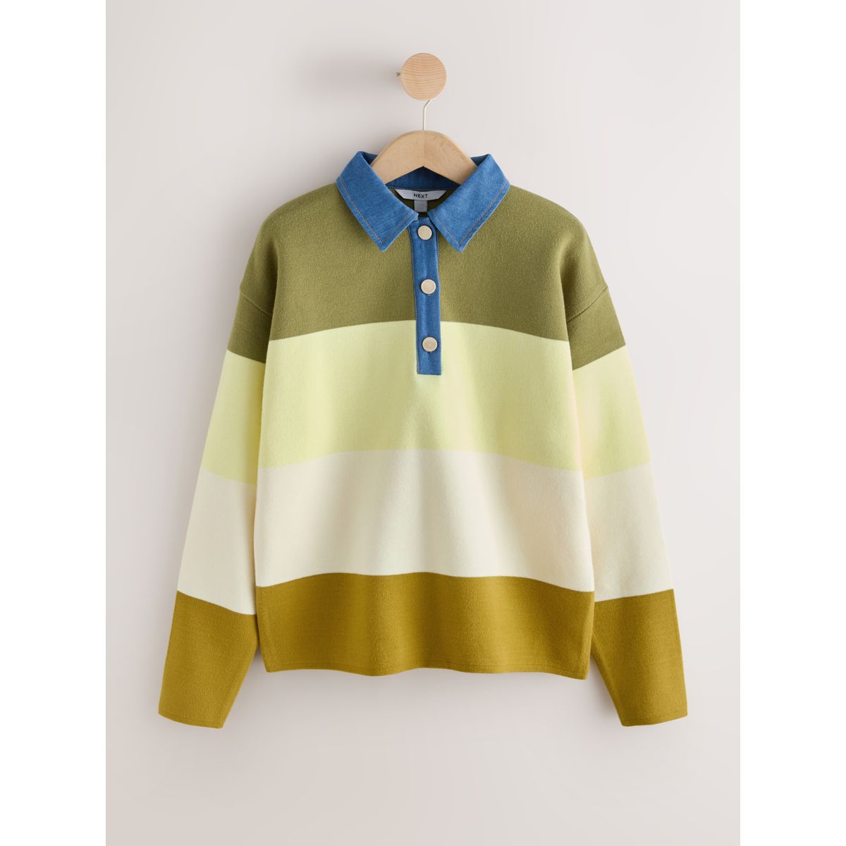 Pull doux à manches longues et col polo col en jean à rayures vert citron, NEXT