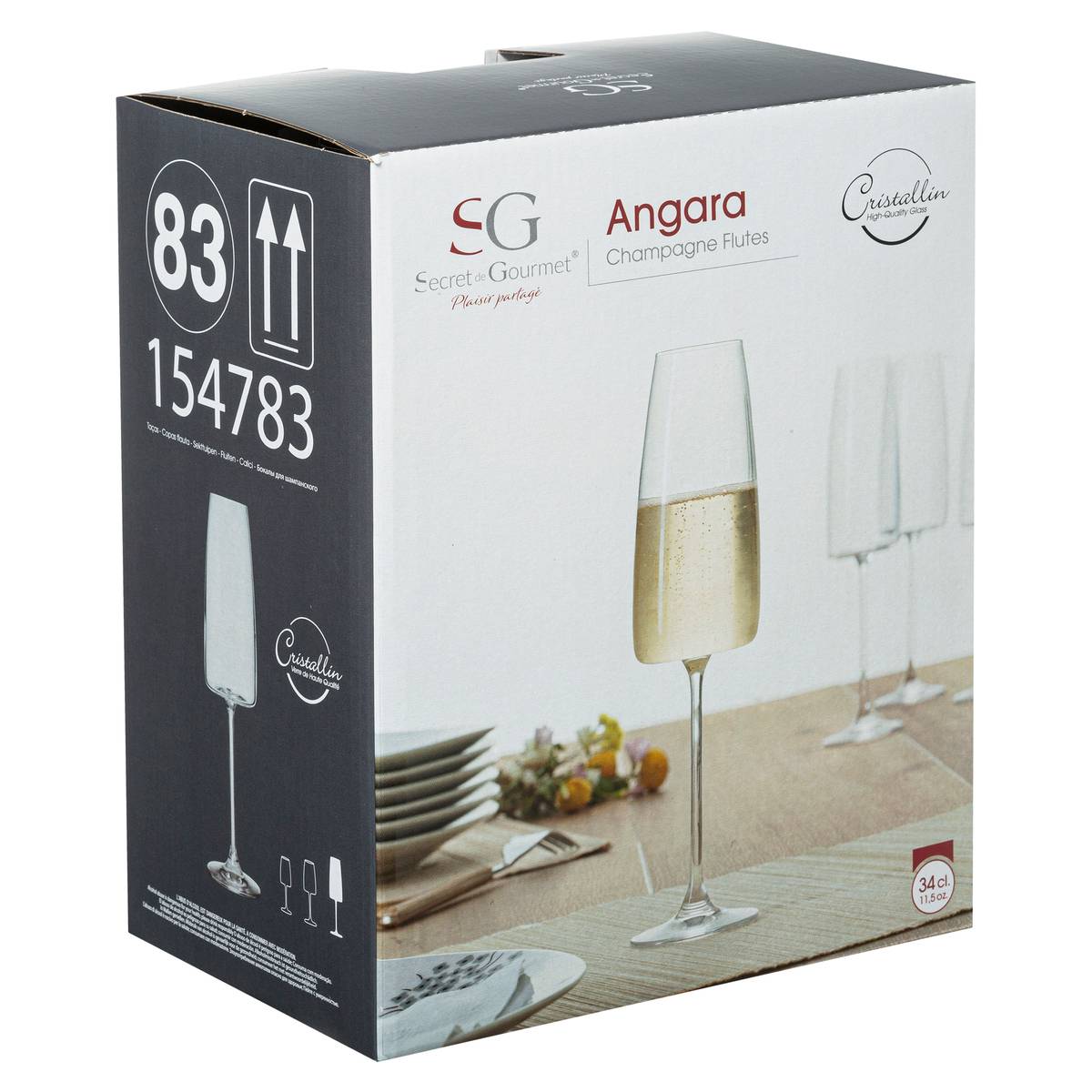 Lot de 6 flûtes à champagne en verre cristallin 34 cl ANGARA transparent, SECRET DE GOURMET