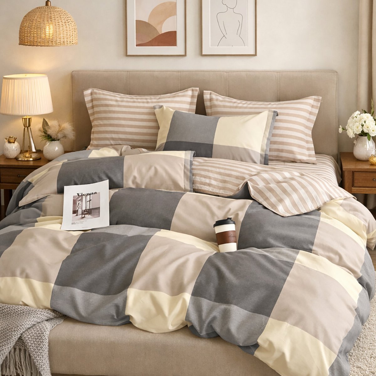 Parure de lit en percale de coton imprimé carreaux beige gris, Cytine multicolore, C DESIGN HOME TEXTILE