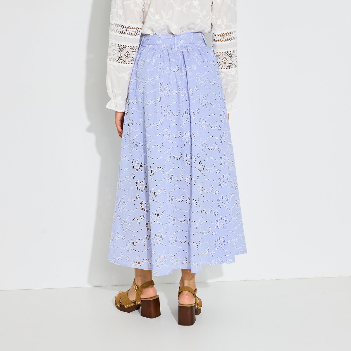 Jupe longue broderie anglaise à poches bleu, GRAIN DE MALICE