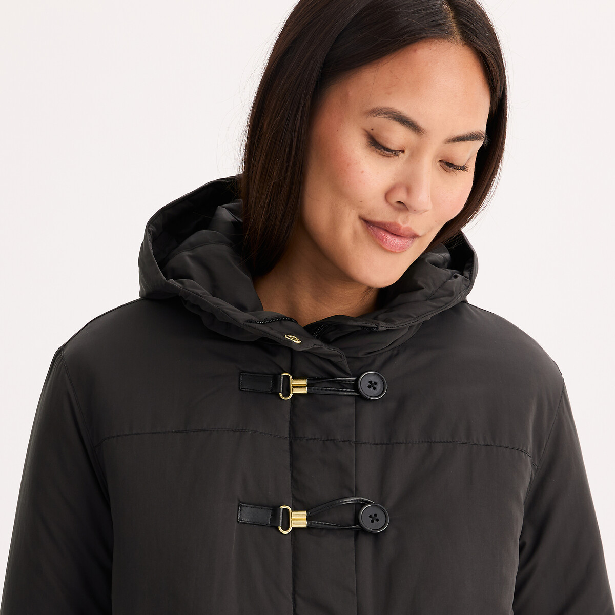 Parka mi-longue, à brandebourgs et capuche noir, ANNE WEYBURN