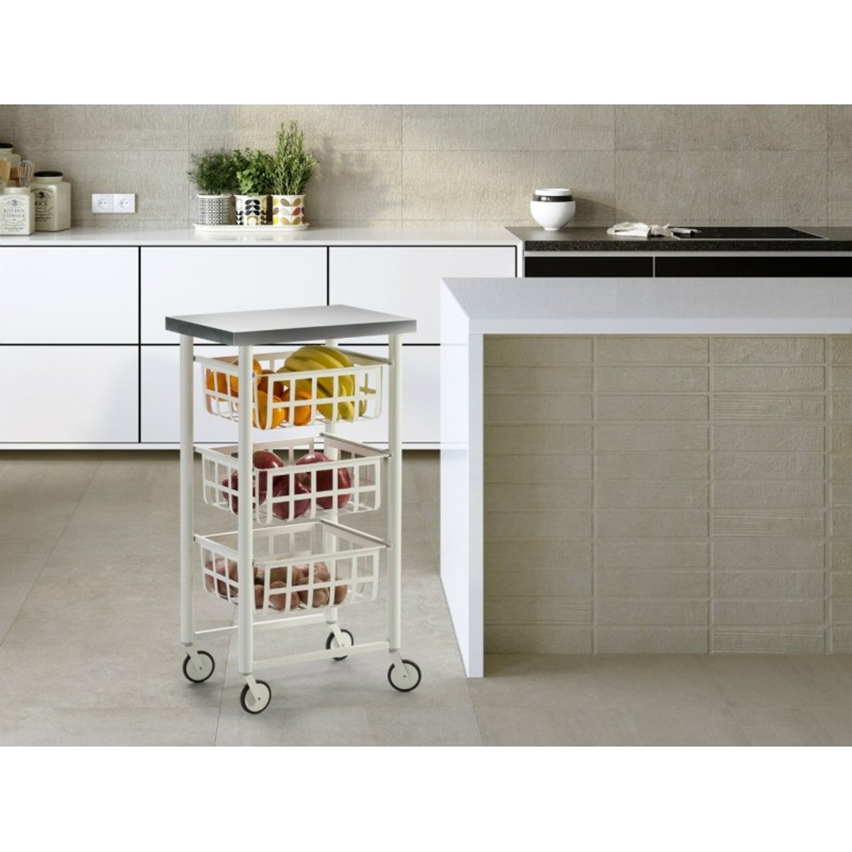 Desserte de rangement FIFTY-FIFTY - 3 paniers en métal et plateau en acier inoxydable blanc - inox, DON HIERRO