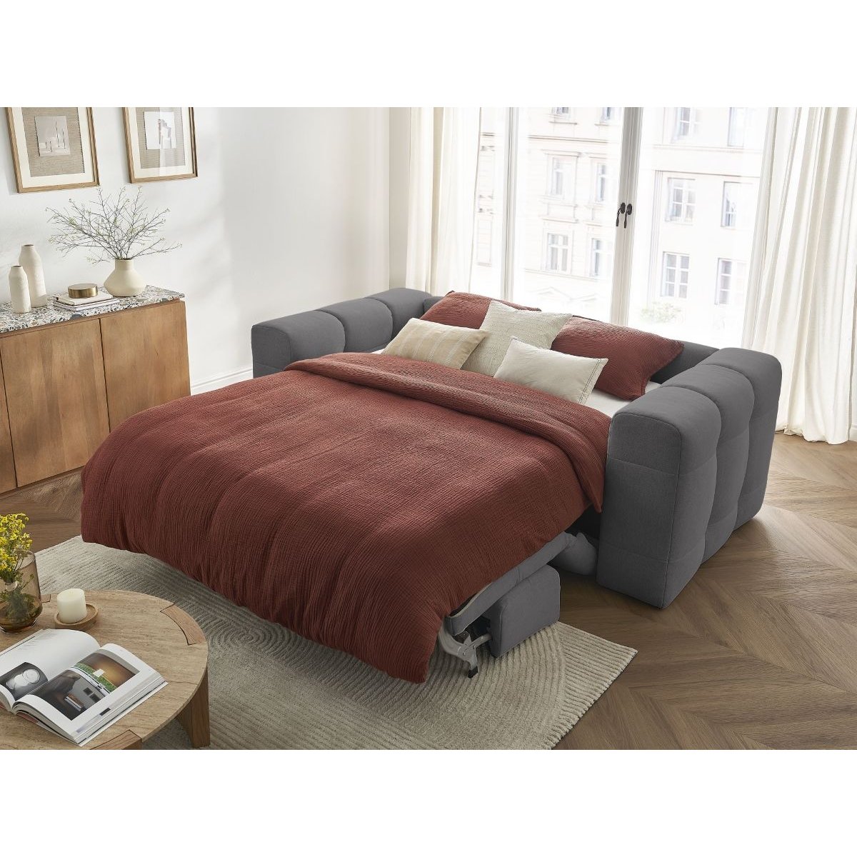 Canapé droit convertible 3 places en tissu lisse, CLOUD gris foncé, BOBOCHIC