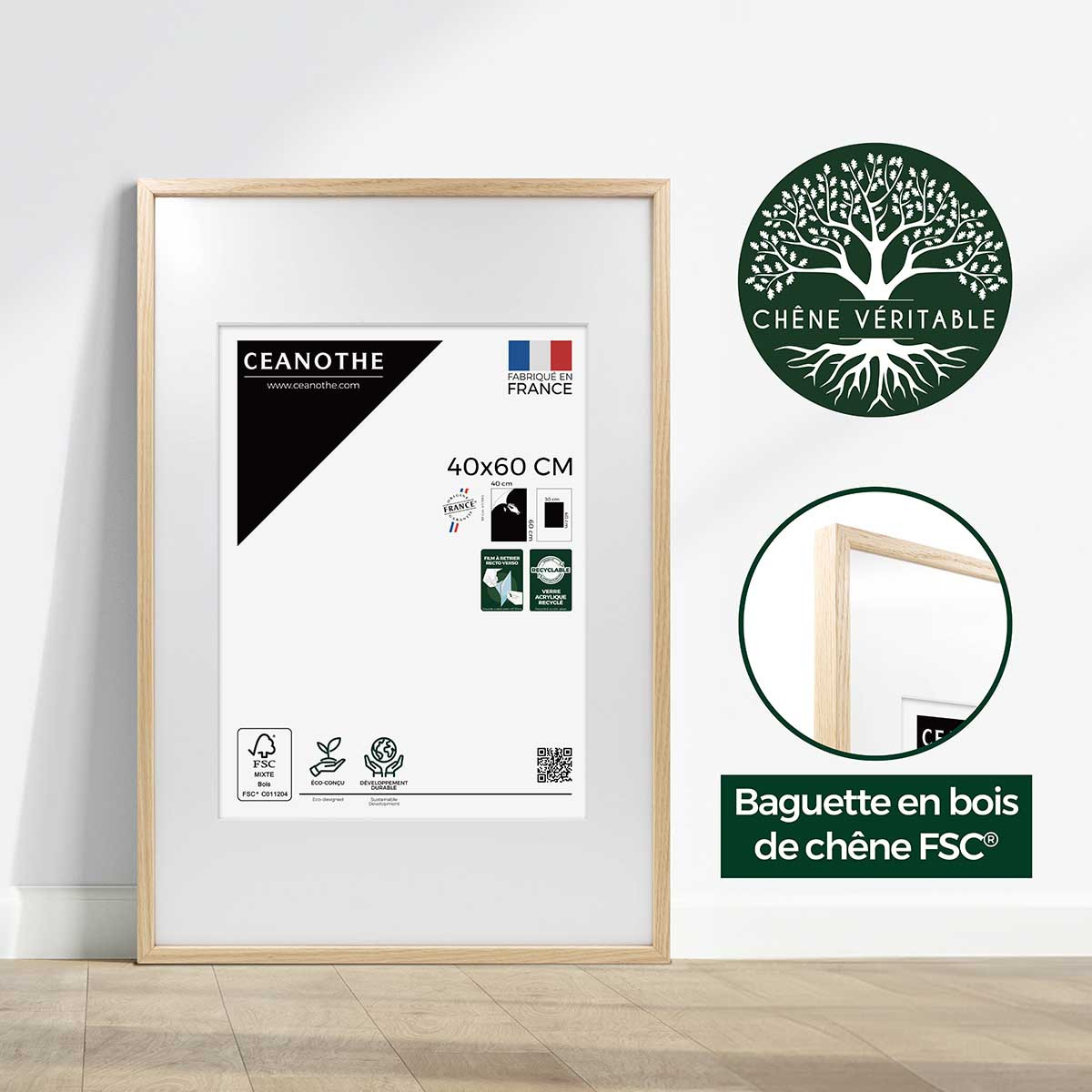 Cadre Photo Avec Passe-partout En Chêne ALBA bois brut, CEANOTHE
