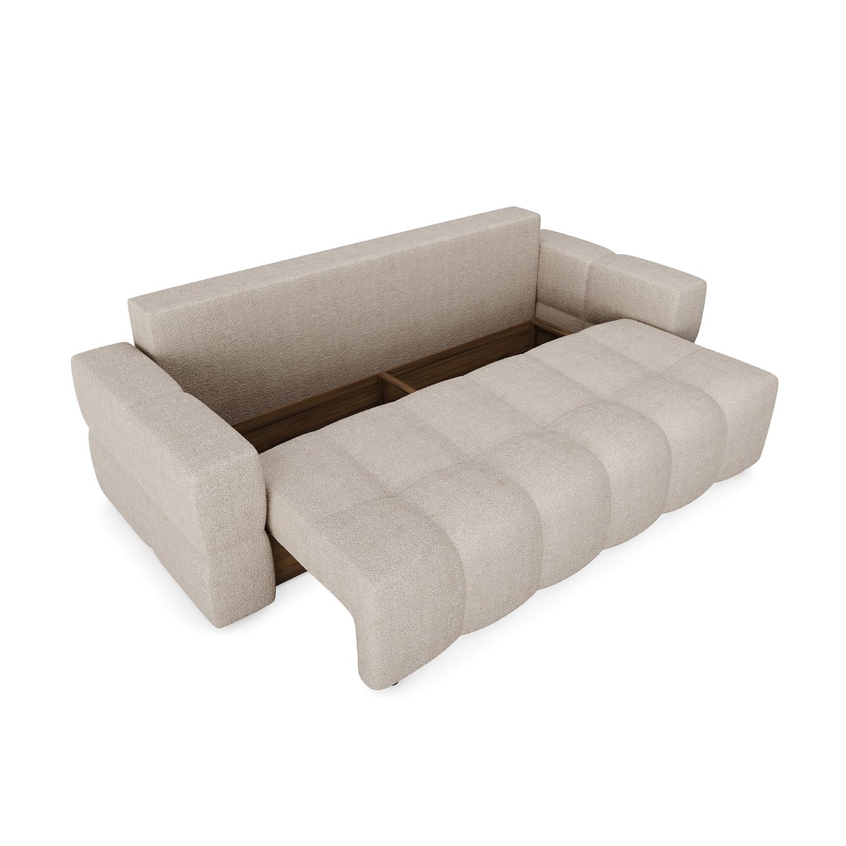 Canapé convertible coffre noyer 4 places en tissu bouclette GABRIEL beige, SIA HOME