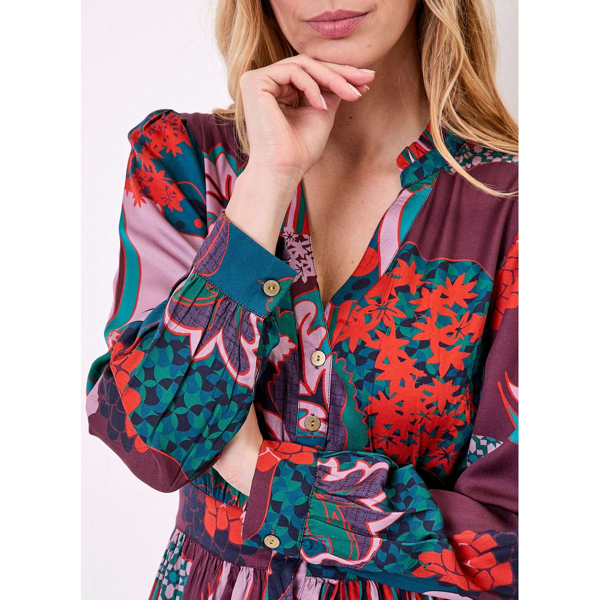 Robe midi fluide évasée imprimée URIKO rouge brique preeti uriko, LA FIANCÉE