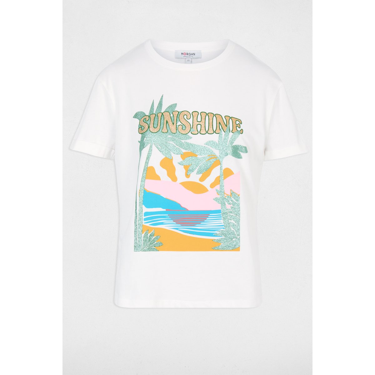 T-shirt imprimé col rond blanc, MORGAN