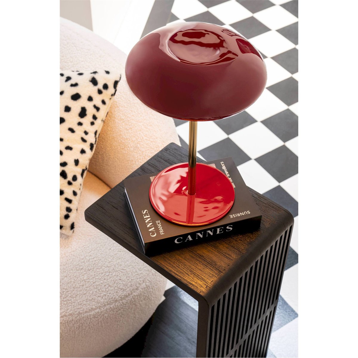 Lampe de table ronde en métal laqué rouge laqué et doré, RECOLLECTION