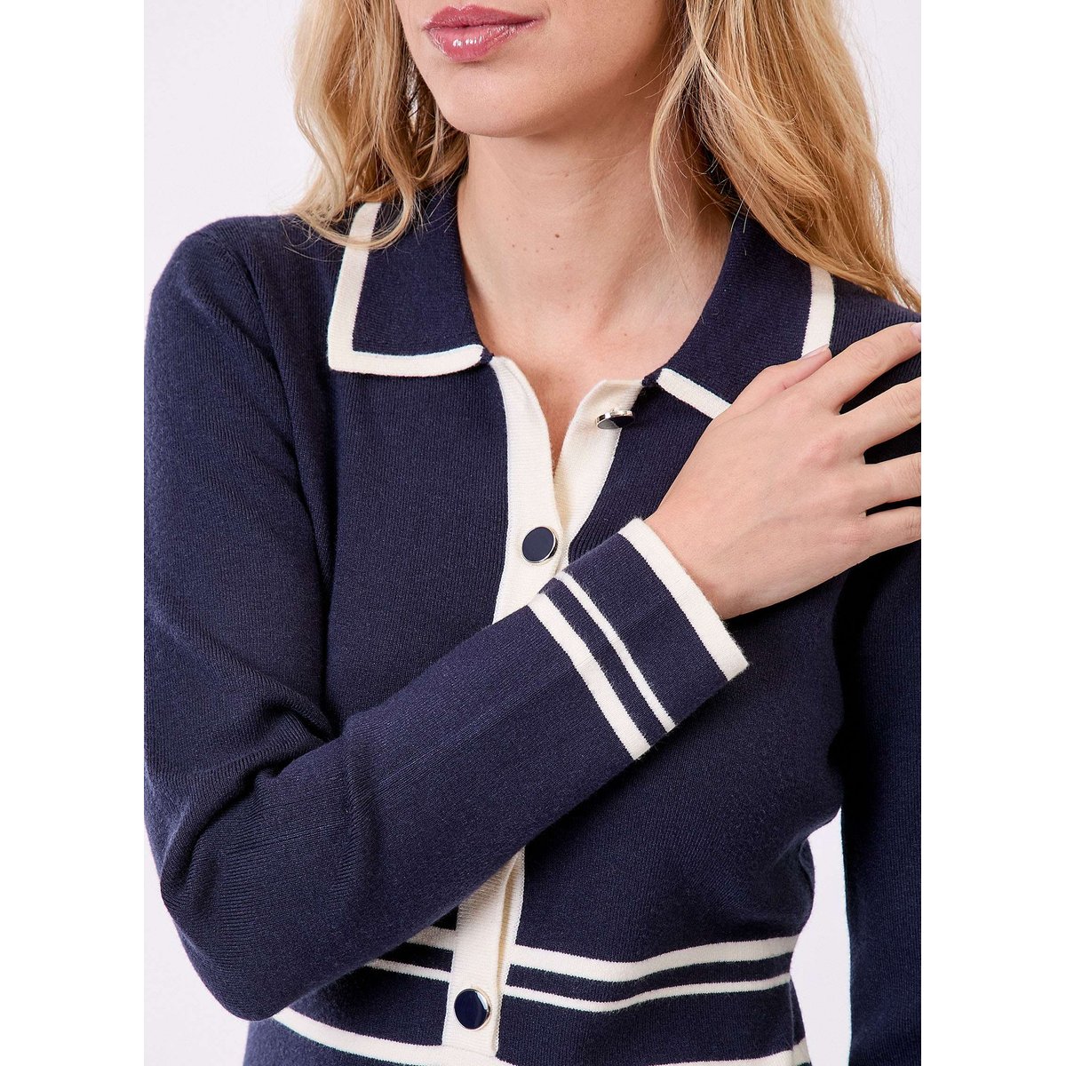 Robe maille compacte col chemisier MARGAUX bleu marine blanc, PRINCESSE NOMADE