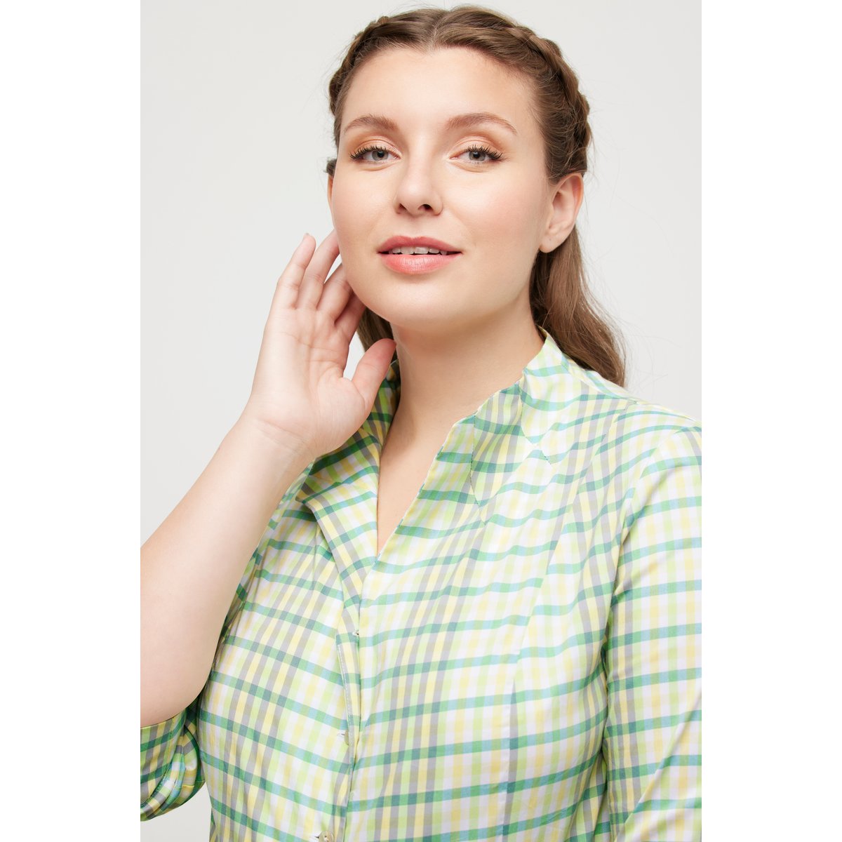 Blouse, carreaux, coupe Slim, col jabot bleu clair, ULLA POPKEN