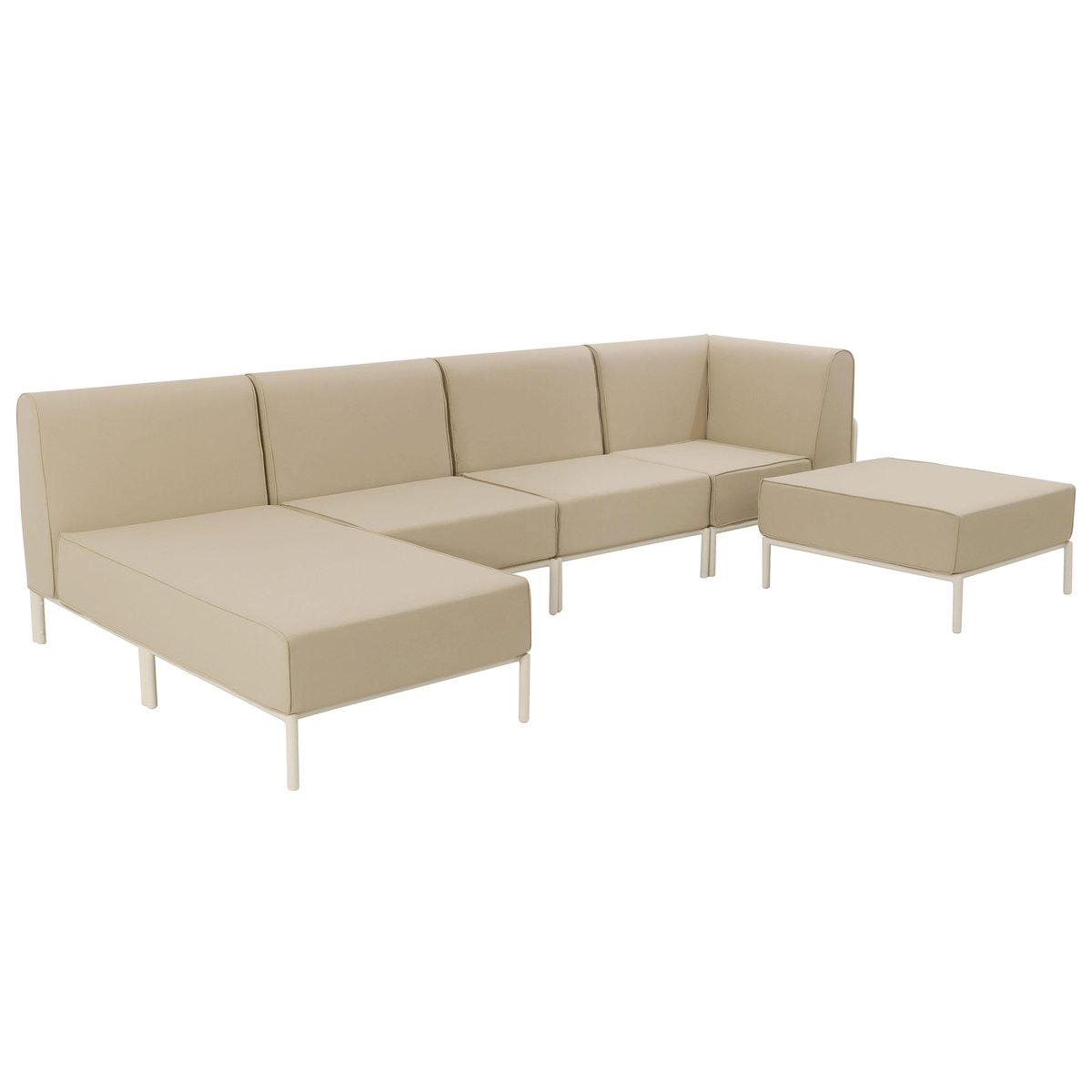 Salon de jardin modulable 5 places avec 2 chauffeuses, 1 fauteuil d'angle, 1 méridienne et 1 pouf, PATIO beige, OVIALA