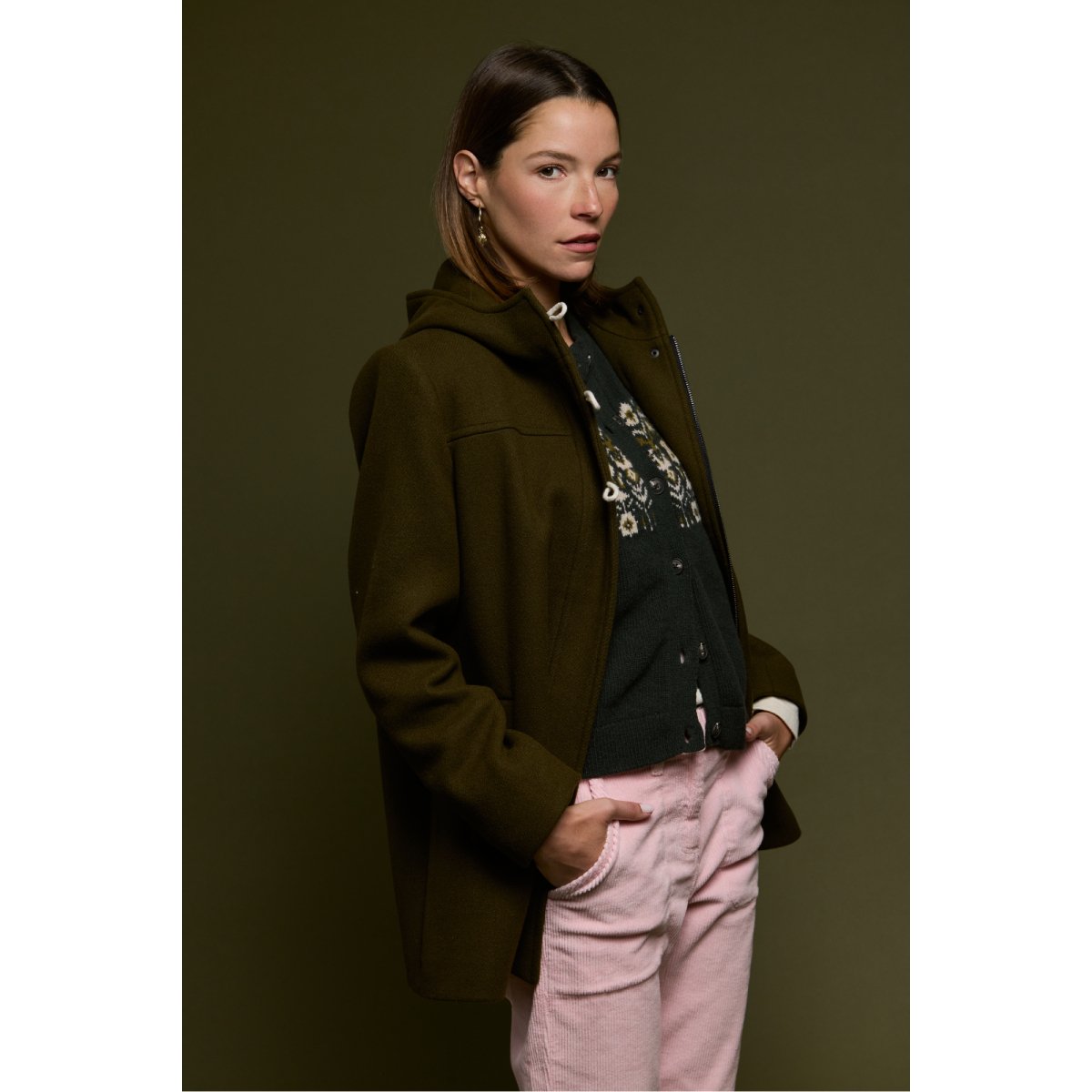 Duffle coat zippé - drap de laine green moss foncé, ARMOR-LUX