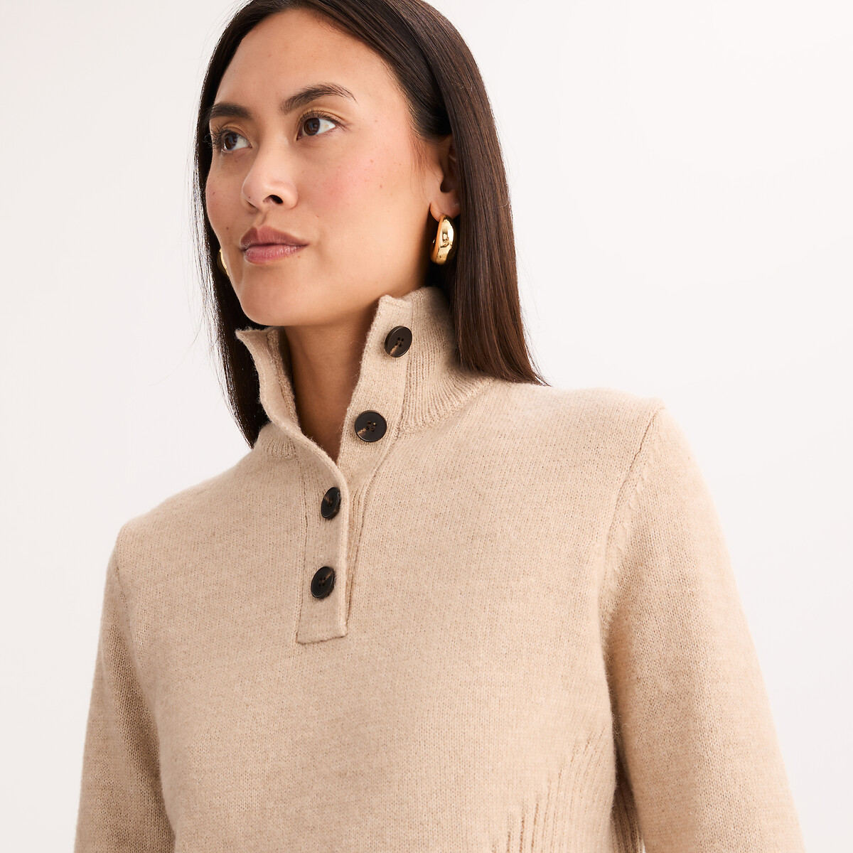 Robe pull à col montant, longueur genou beige chiné, ANNE WEYBURN