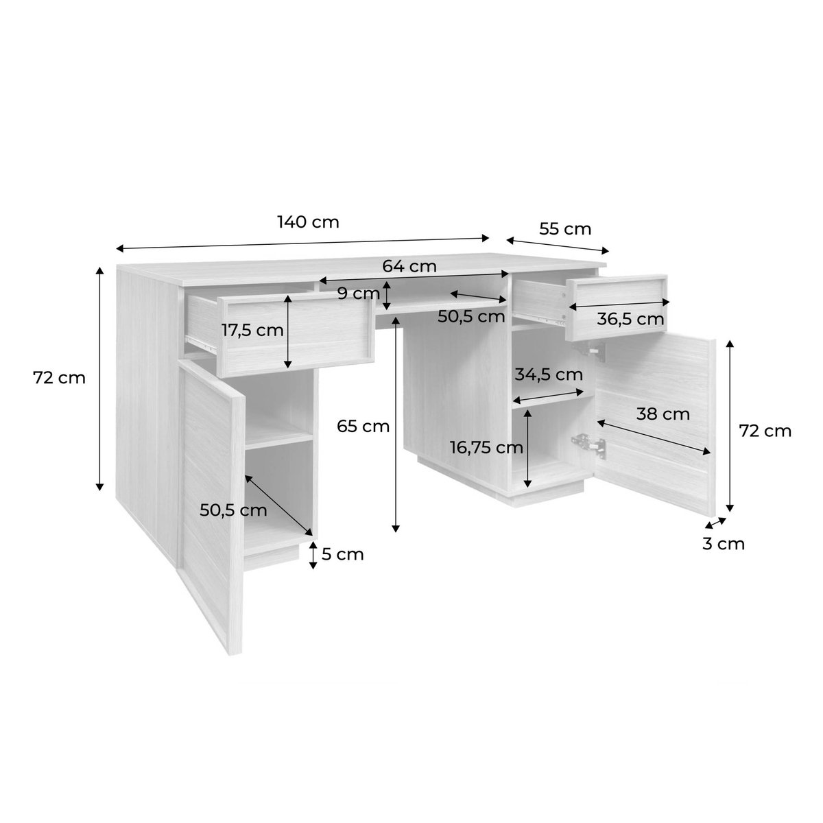 Bureau décor bois et tissu 2 portes 2 tiroirs 1 niche 140cm KUBA noyer, SWEEEK